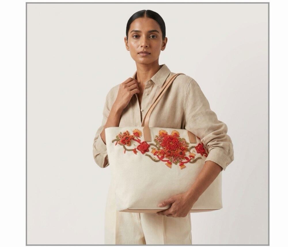 Tory Burch Rodeo Drive Ltd Ed Beaded Floral Tote Canvas Bag Coral Gold NWOT $595